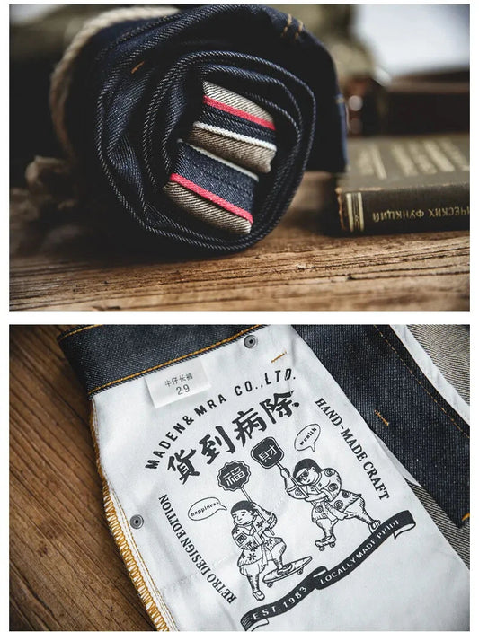Maden Retro Denim Jeans for Men Selvedge Raw Denim Pants Trousers