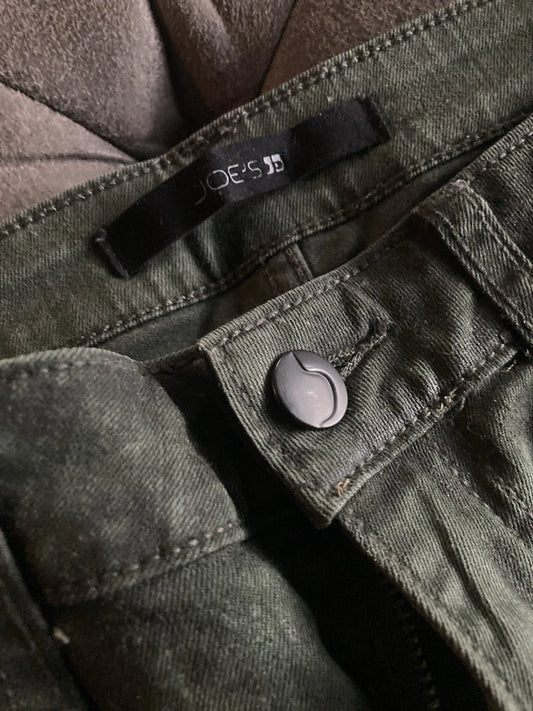 Joe's Jeans. Skinny Denim Pants. Dark Green waxy stretch denim